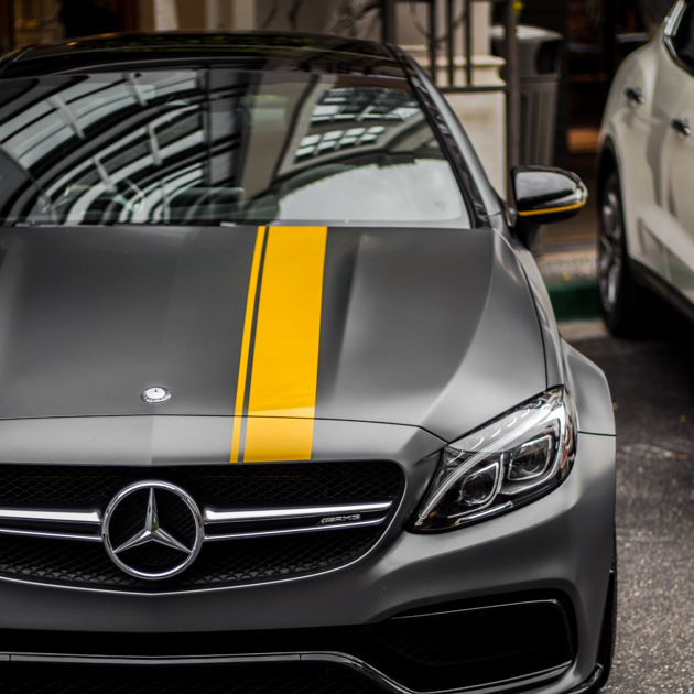 Grey Mercedes with Yellow racing stripe